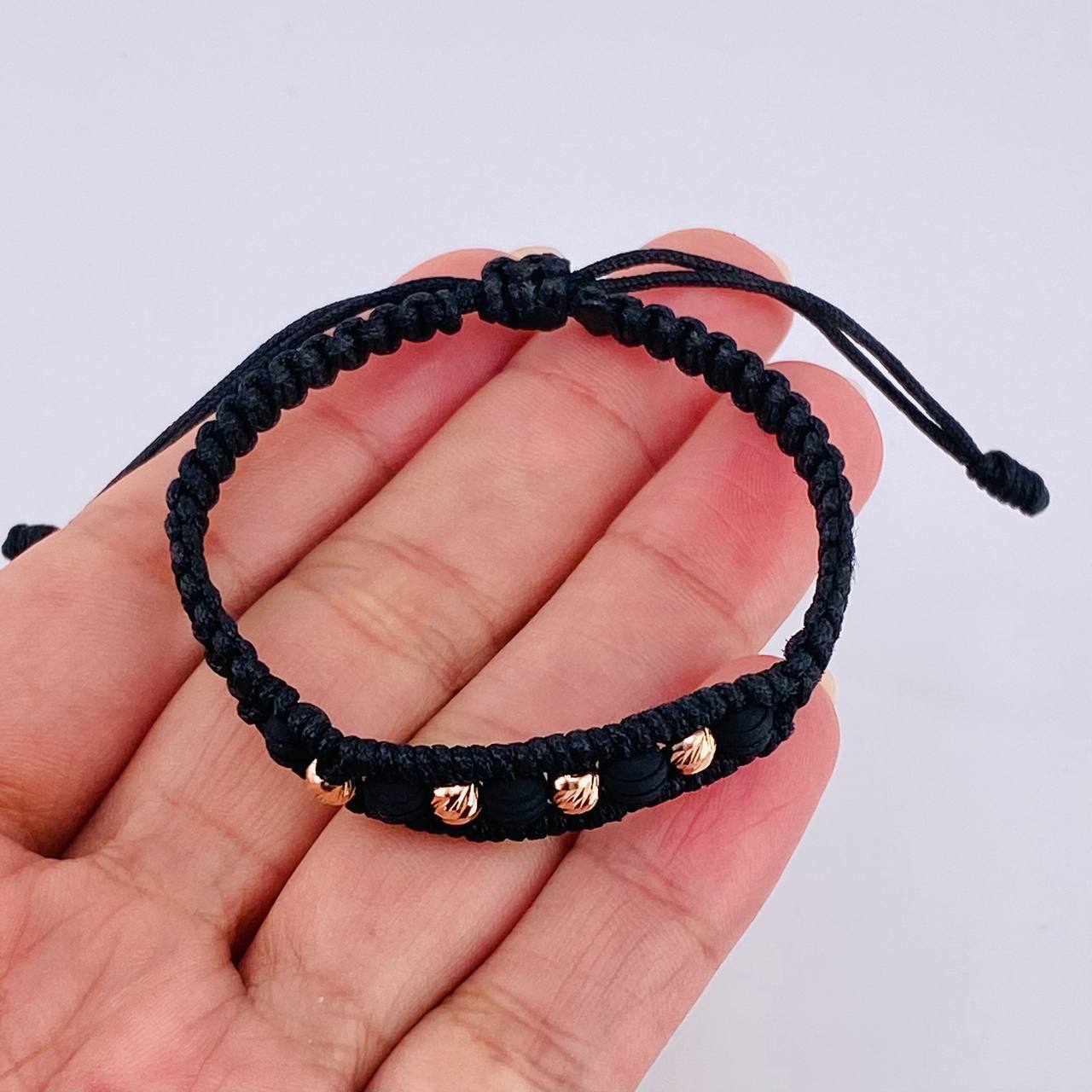 Black Woven Bracelet Diamond Cut Beads 4 Units / 4Mm Neoprene Rose Gold 18K (A.C)