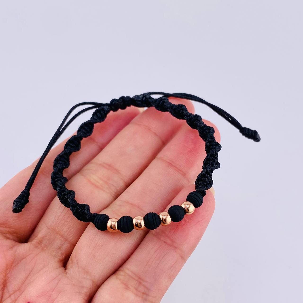 Pulsera Tejida Negra Bolas Lisas 4 Und / 4Mm Oro Rosa 18K (A.C)