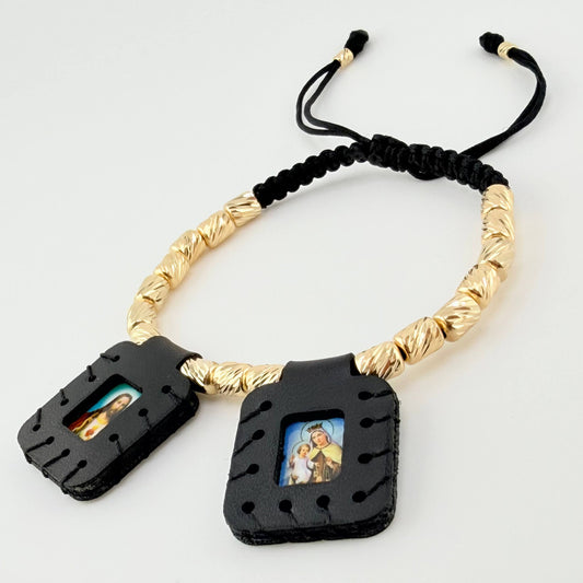 Pulsera Negra Escapulario Cilindros Diamantados 19und 5.3gr / 3mm-5mm Oro Amarillo 18K *