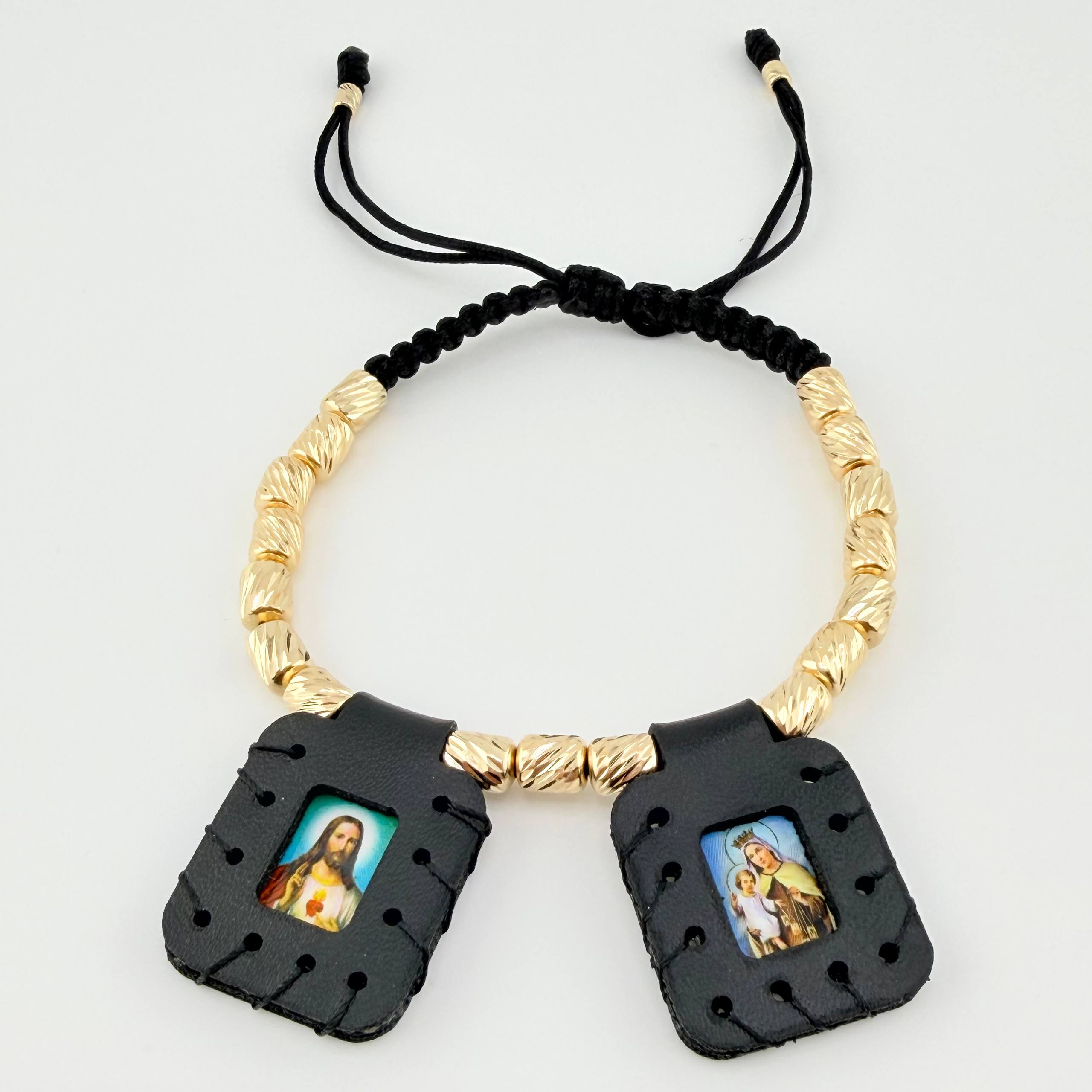 Pulsera Negra Escapulario Cilindros Diamantados 19und 5.3gr / 3mm-5mm Oro Amarillo 18K *