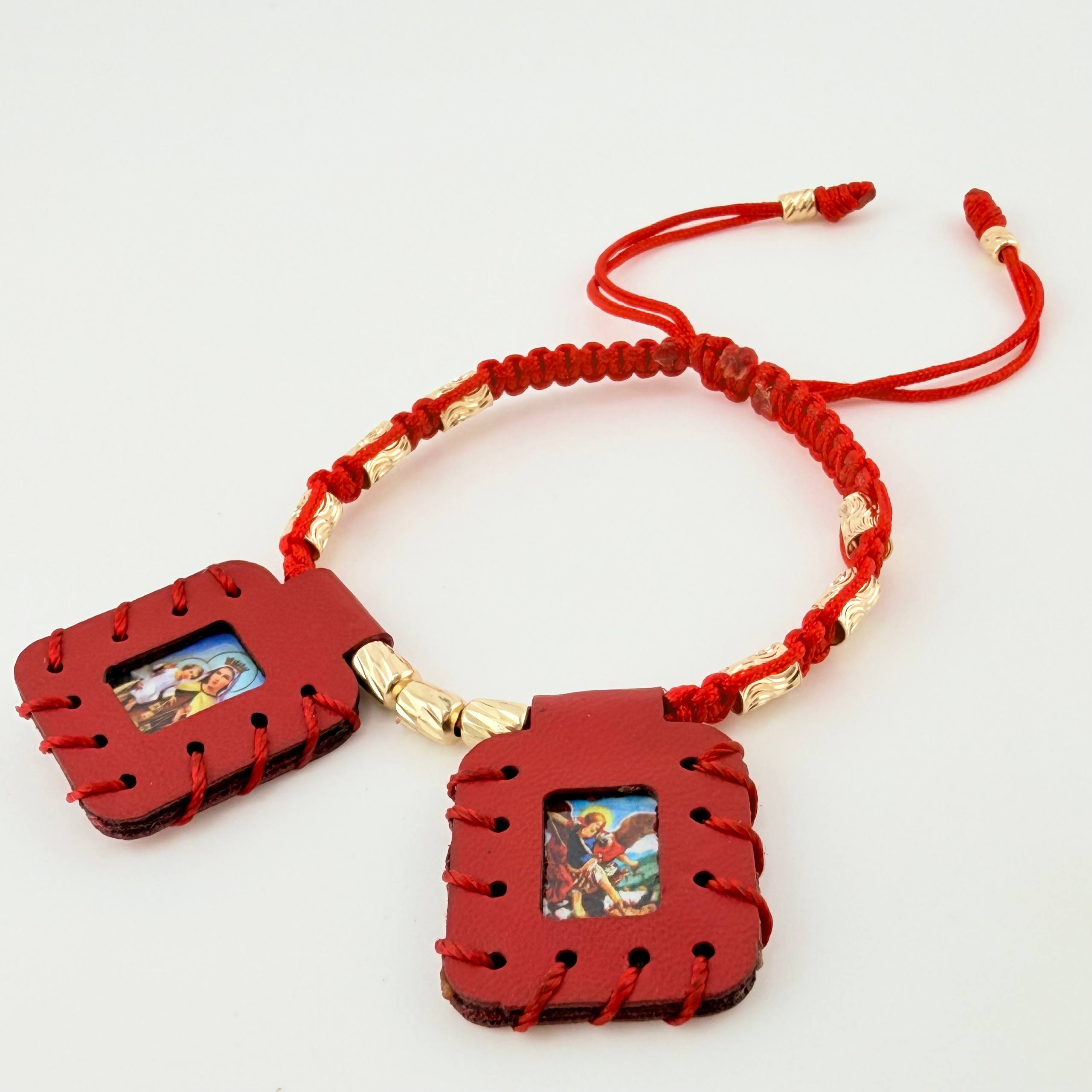 Pulsera Roja Escapulario Cilindro Lunar Diamantados 11und 1.55gr / 3mm-4mm Oro Amarillo 18K *