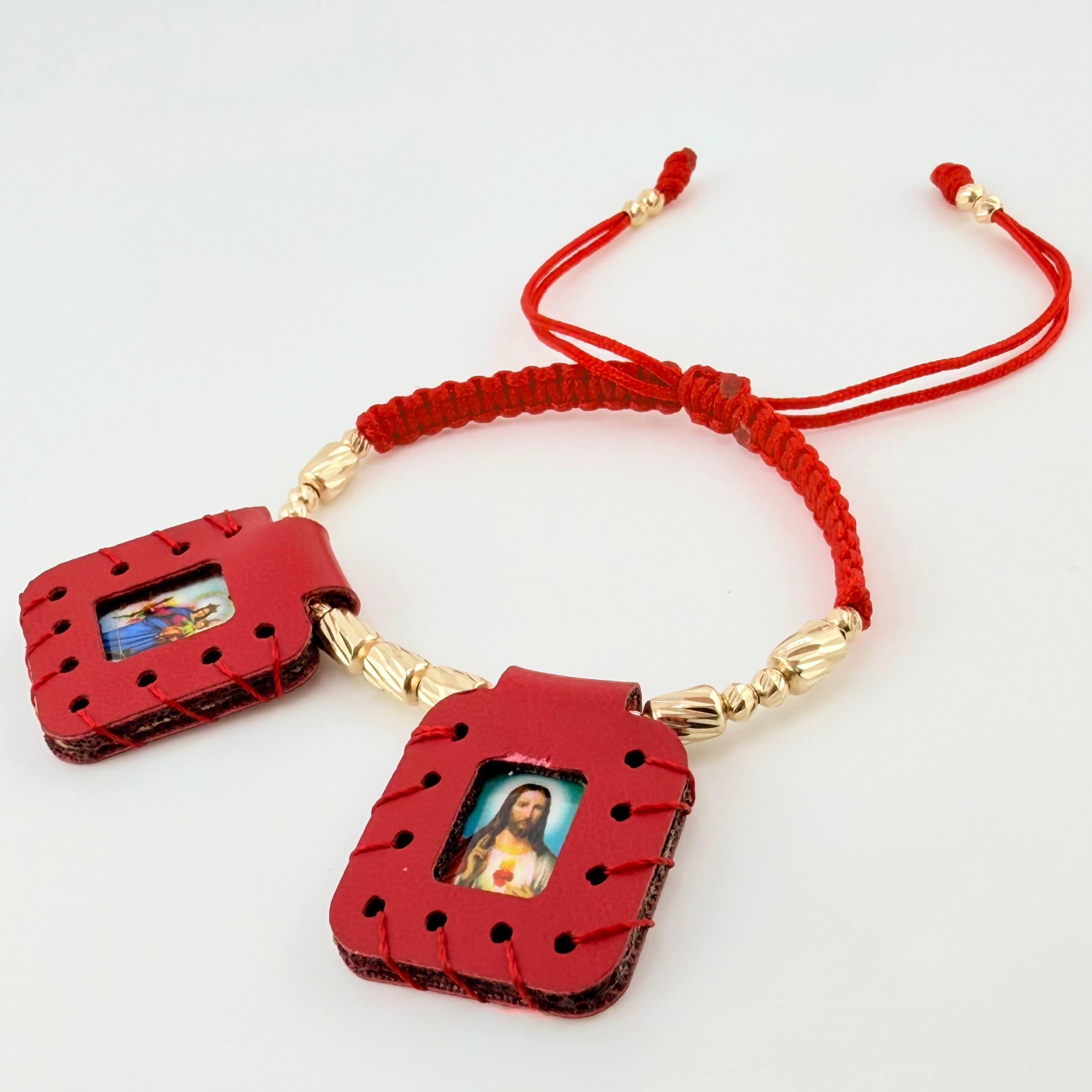 Pulsera Roja Escapulario Cilindros Bolas Diamantadas 22und 2.45gr / 3mm-4mm Oro Amarillo 18K *