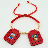 Pulsera Roja Escapulario Cilindros Bolas Diamantadas 22und 2.45gr / 3mm-4mm Oro Amarillo 18K *