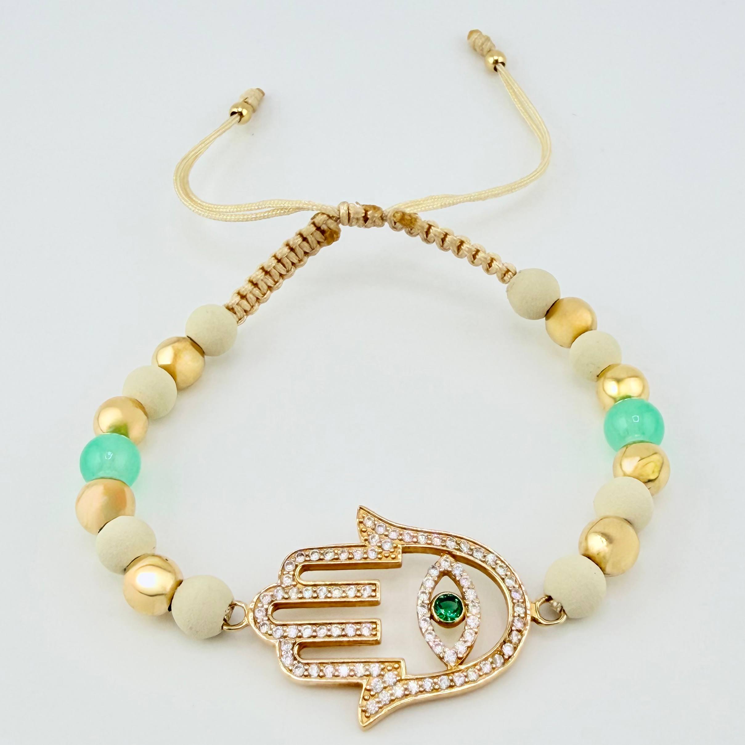 Pulsera Beige Mano Hamsa Esmeralda Bolas Lisas 10und 4.5gr / 3mm-6mm Oro Amarillo 18K ©