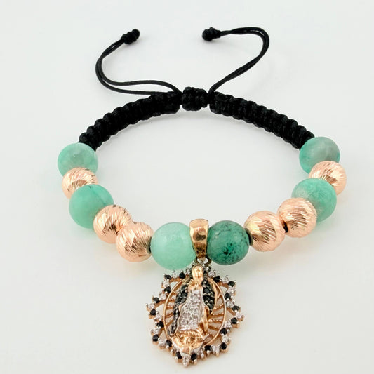 Pulsera Negra Virgen Esmeralda Bolas Diamantadas 6und 4.05gr / 7mm Dos Oros Blanco Rosa 18K ©