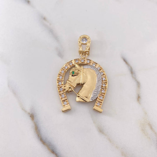 Pendant Horseshoe Horse 13.4gr / 5.2cm / White Zircons Green Two Yellow White Gold 18K $