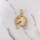 Pendant Horseshoe Horse 13.4gr / 5.2cm / White Zircons Green Two Yellow White Gold 18K $