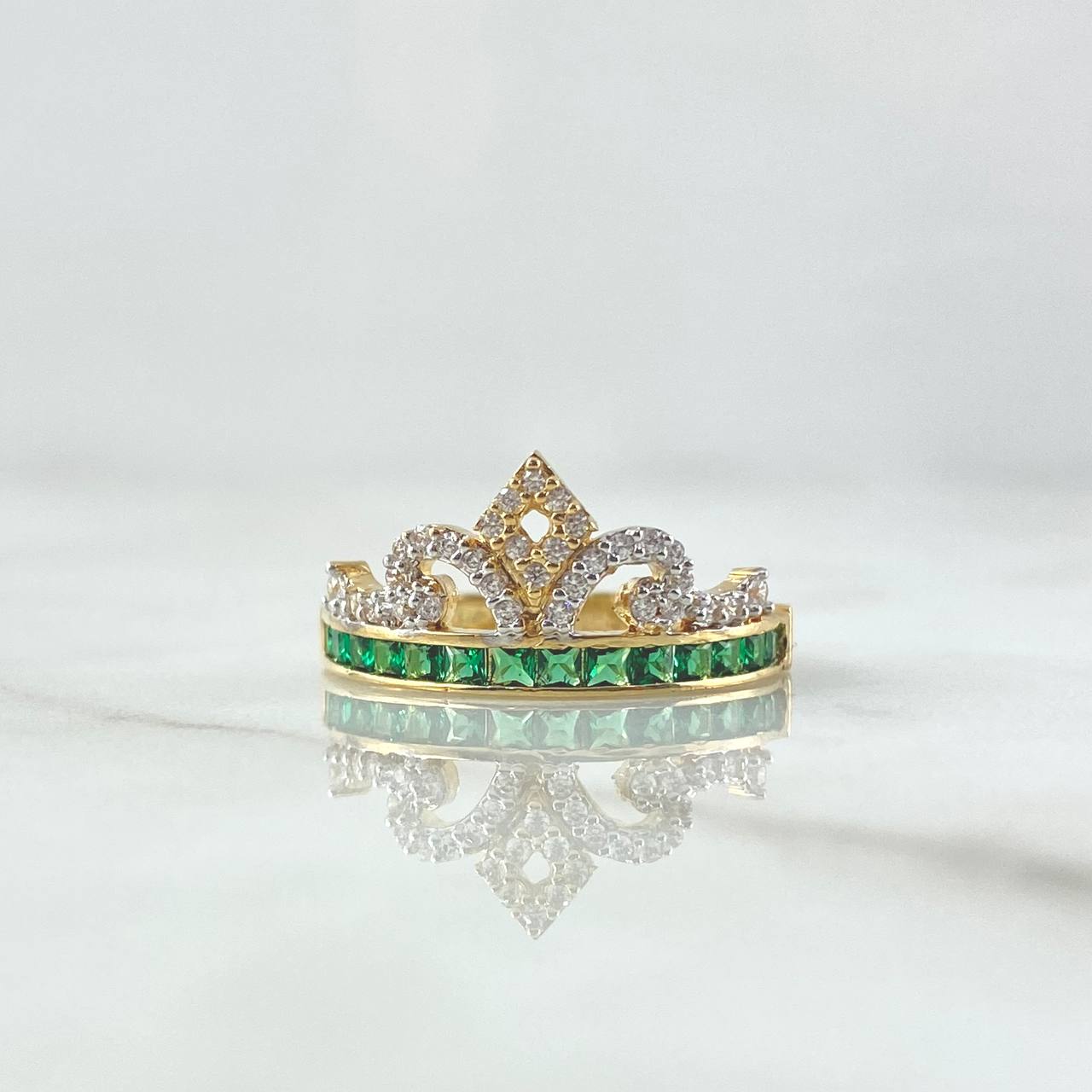 Crown Ring 3gr / T6 1/2 / White Zircons green 18K Yellow Gold ©