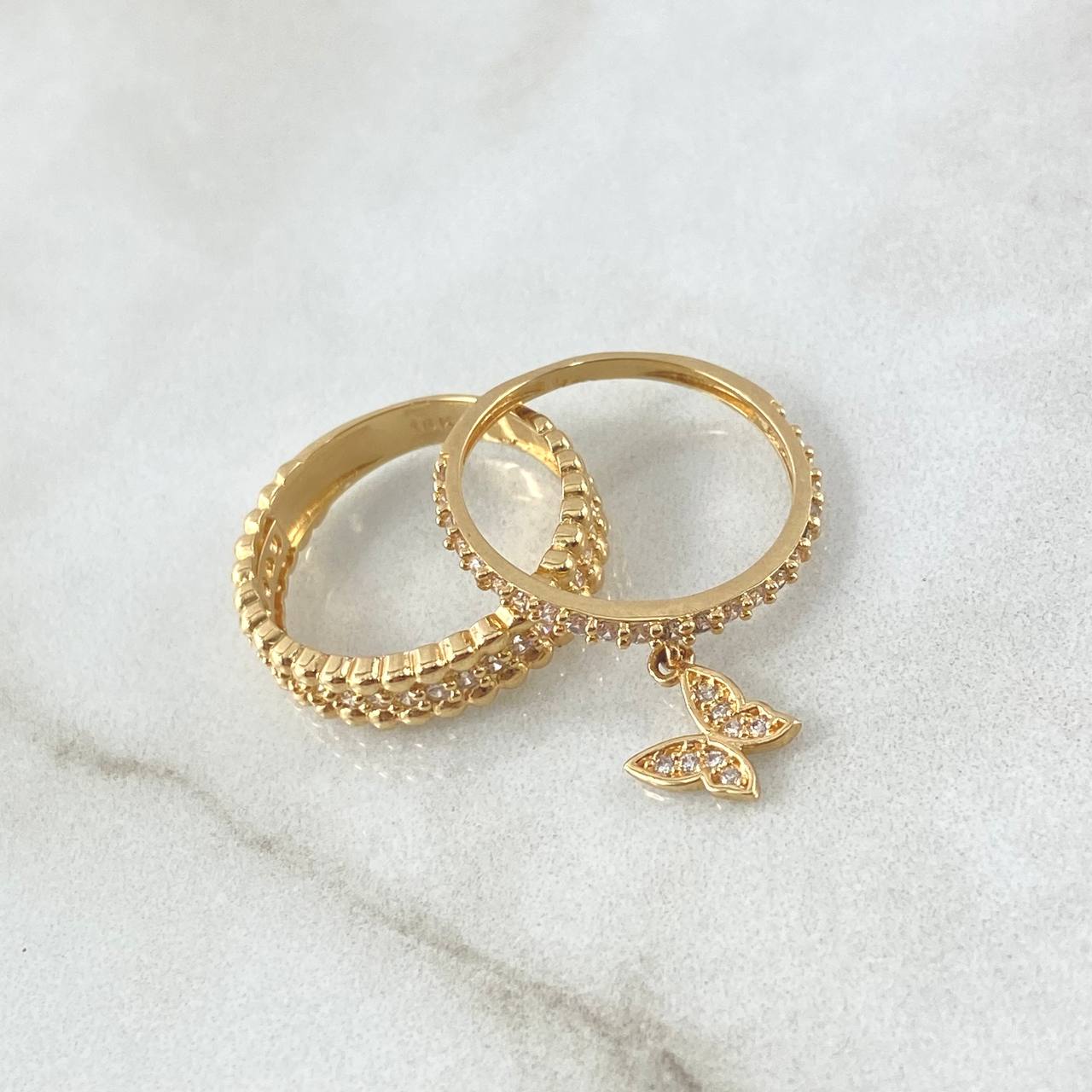 Couple Ring Butterfly Pendant 4.55gr / Size 6- 6 1/4 / White Zircons 18K Yellow Gold ©