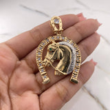 Pendant Horseshoe Horse 13.4gr / 5.2cm / White Zircons Green Two Yellow White Gold 18K $