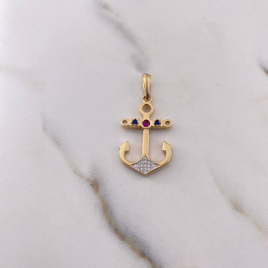Pendant Anchor 3.5gr / 3.6cm / White Fuchsia Blue Zircons Two 18K Yellow White Gold $