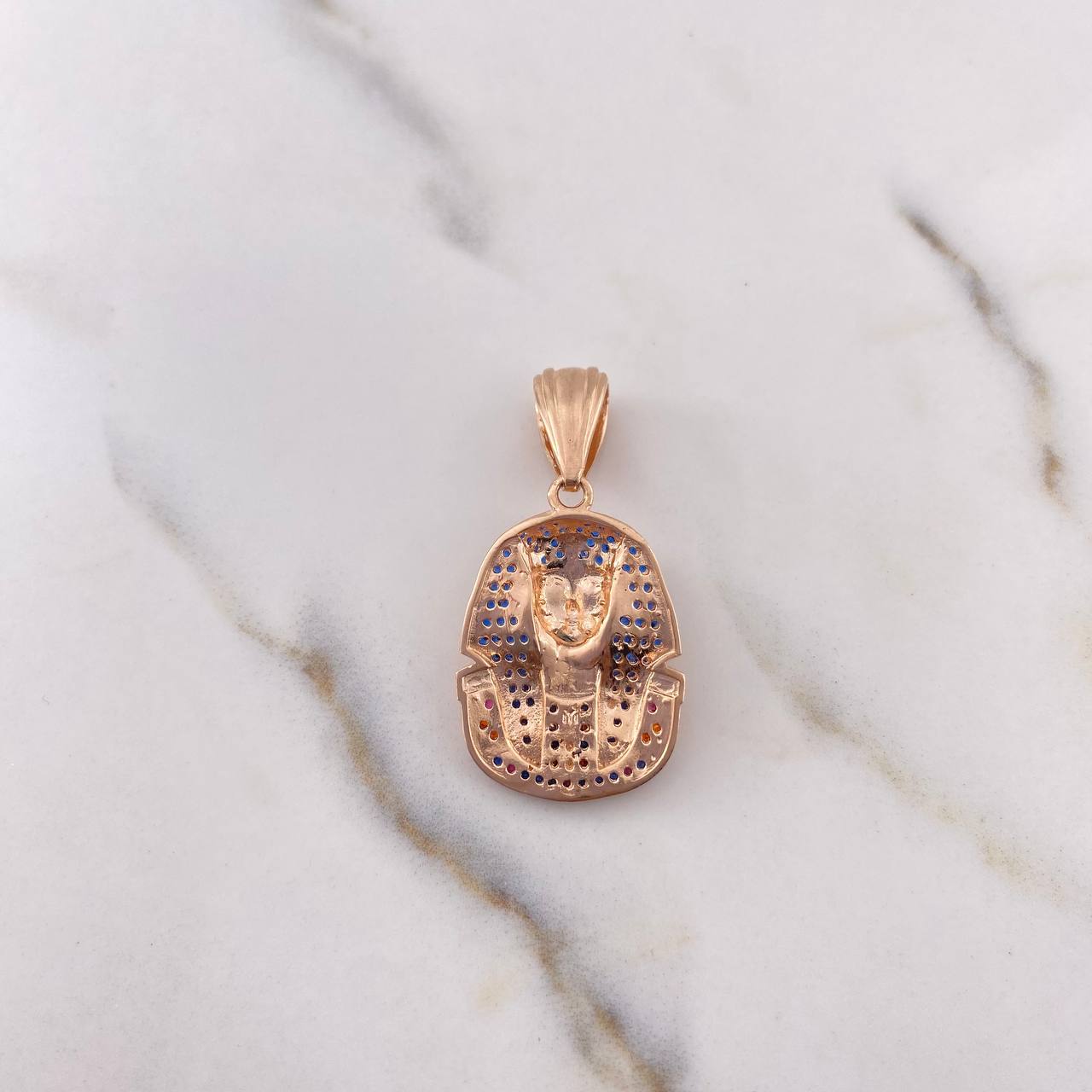 Pendant Pharaoh Tutankhamun Face 7.7gr / 4.9cm / Blue Orange Fuchsia Zircons 18K Rose Gold $