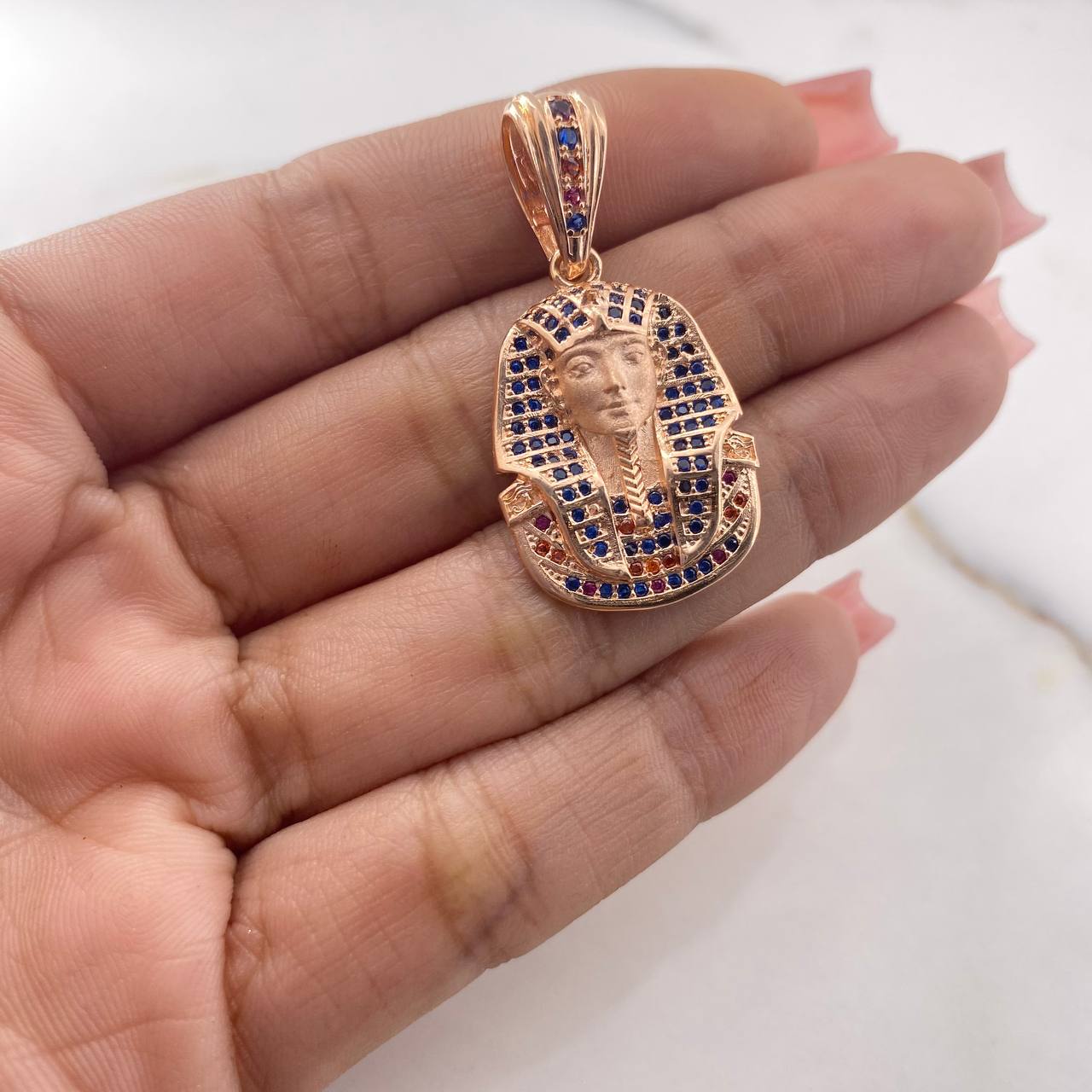 Pendant Pharaoh Tutankhamun Face 7.7gr / 4.9cm / Blue Orange Fuchsia Zircons 18K Rose Gold $