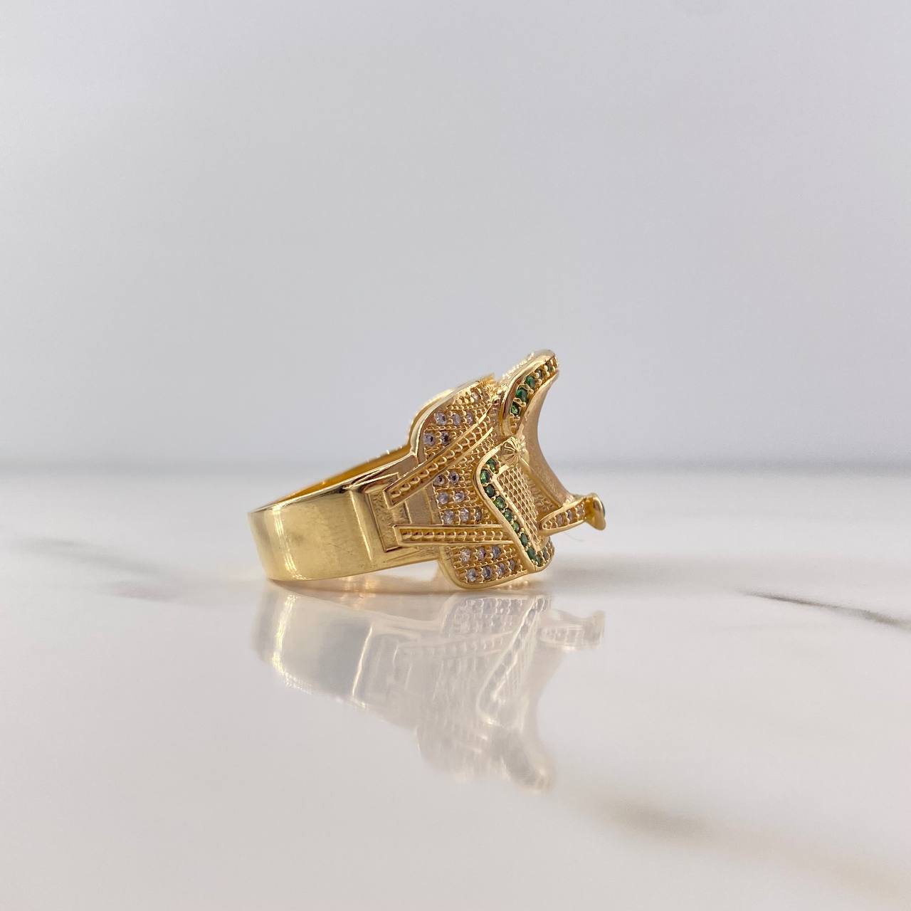 Horse Saddle Ring 10.9gr / Size 9 1/2 / White and Green Zircons 18K Yellow Gold $