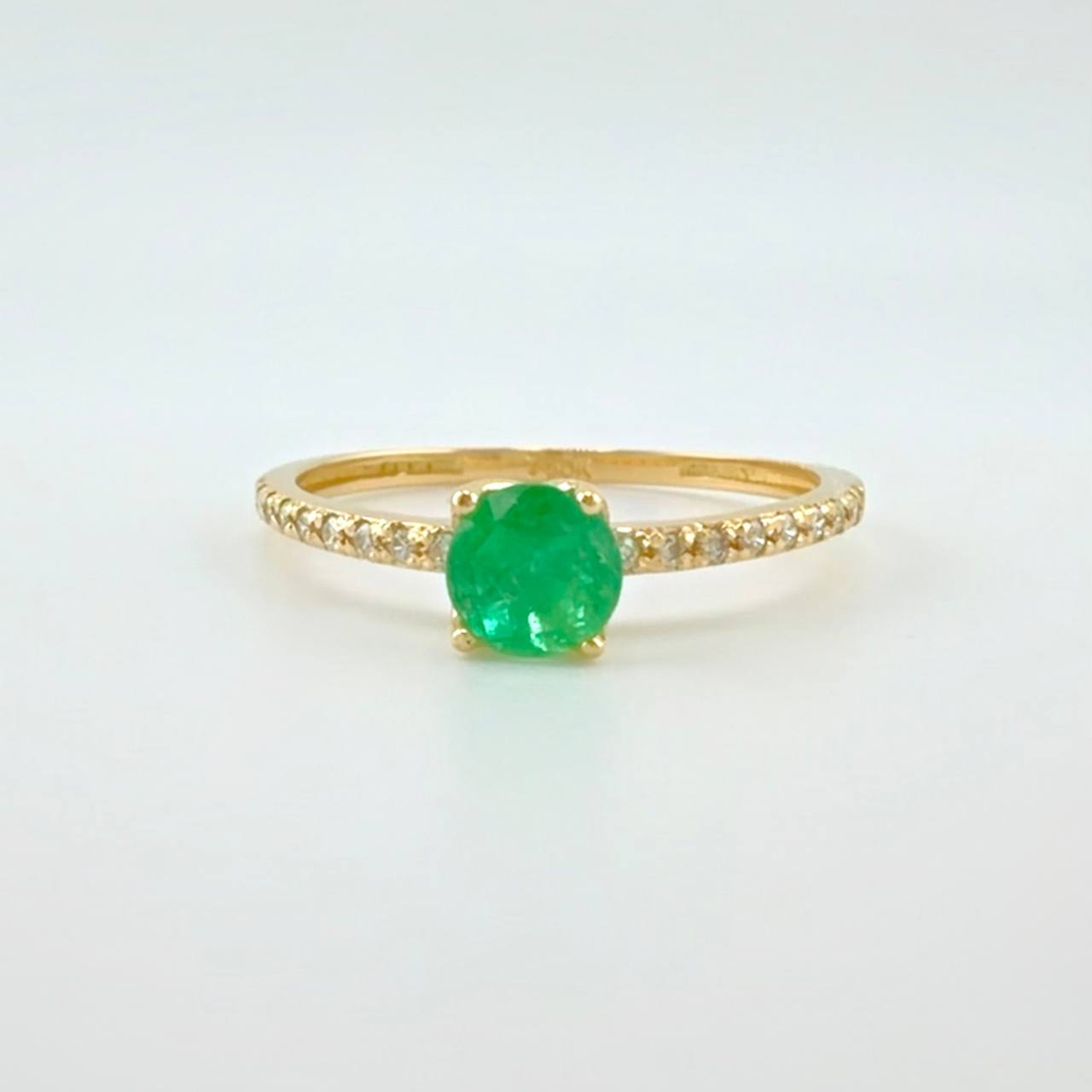 Solitaire Ring 4 Prongs Emeralds 5pts .diamonds 3 Dts 1.4g / T7 Yellow Gold 18K