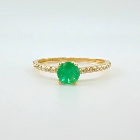 Anillo Solitario 4 Garras Esmeraldas 5pts .diamantes 3 Dts 1.4g / T7 Oro Amarillo 18K