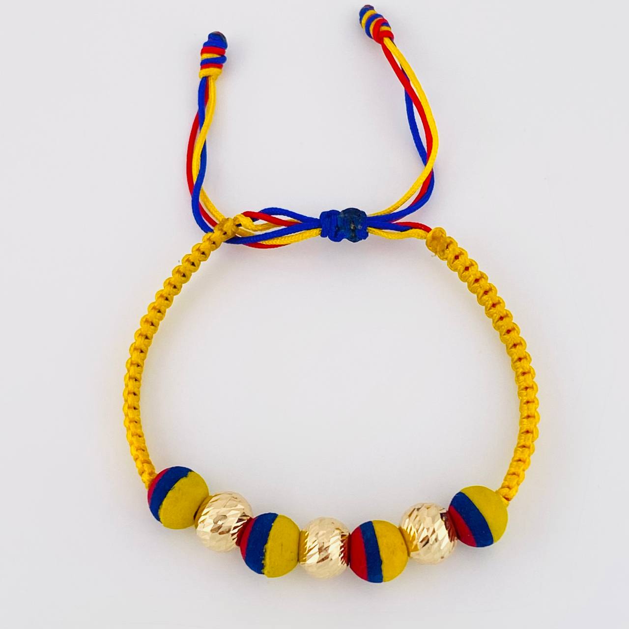 Tricolor Woven Bracelet Neoprene Diamond Cut Beads 8Mm / 3 Pcs Yellow Gold 18K