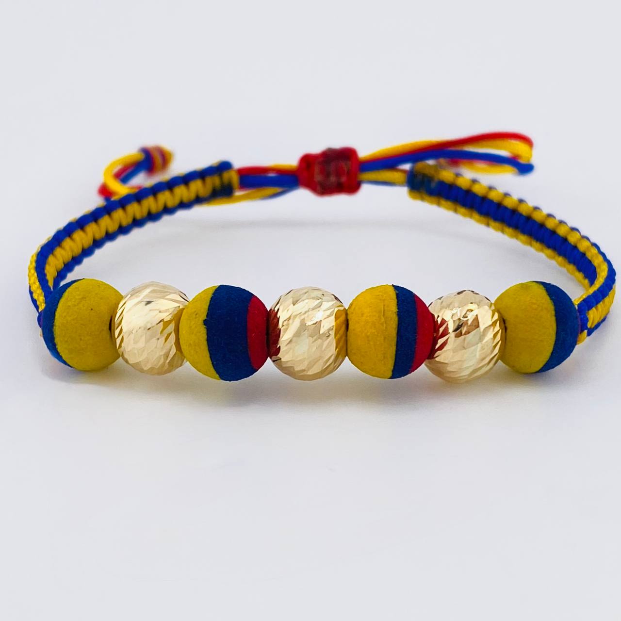 Tricolor Woven Bracelet Neoprene Diamond Cut Beads 8Mm / 3 Units Yellow Gold 18K (A.C)