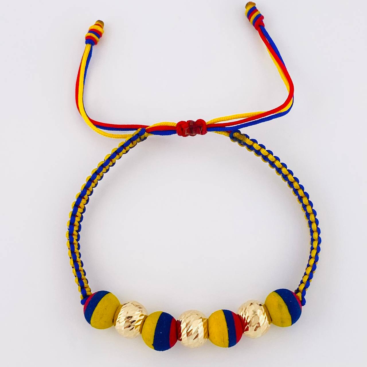 Tricolor Woven Bracelet Neoprene Diamond Cut Beads 8Mm / 3 Units Yellow Gold 18K (A.C)