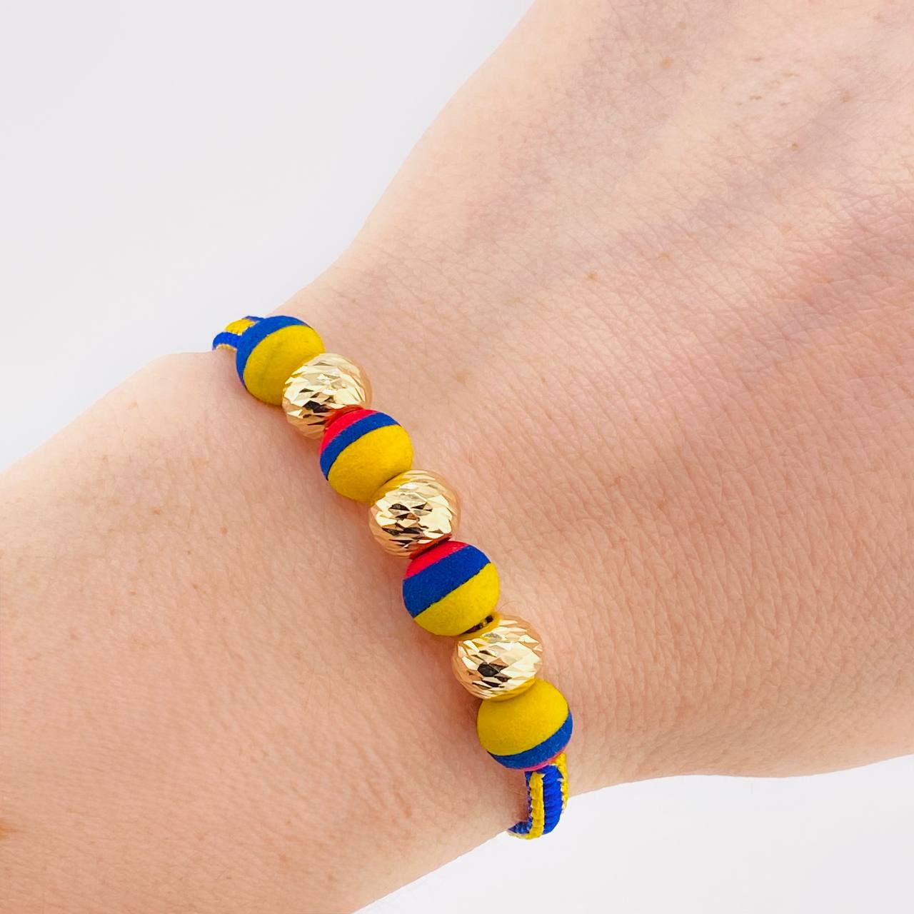 Tricolor Woven Bracelet Neoprene Diamond Cut Beads 8Mm / 3 Units Yellow Gold 18K (A.C)