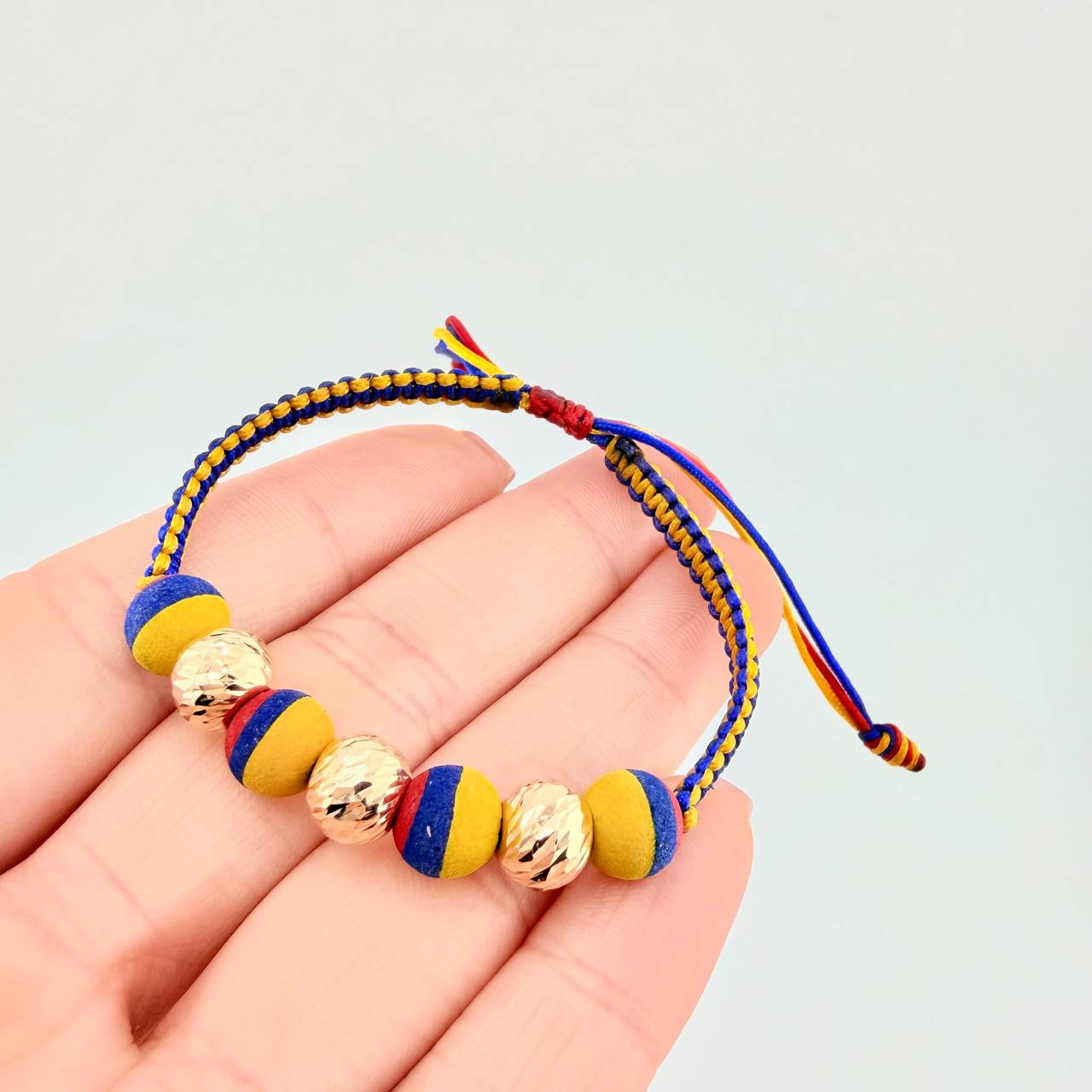 Tricolor Woven Bracelet Neoprene Diamond Cut Beads 8Mm / 3 Units Yellow Gold 18K (A.C)