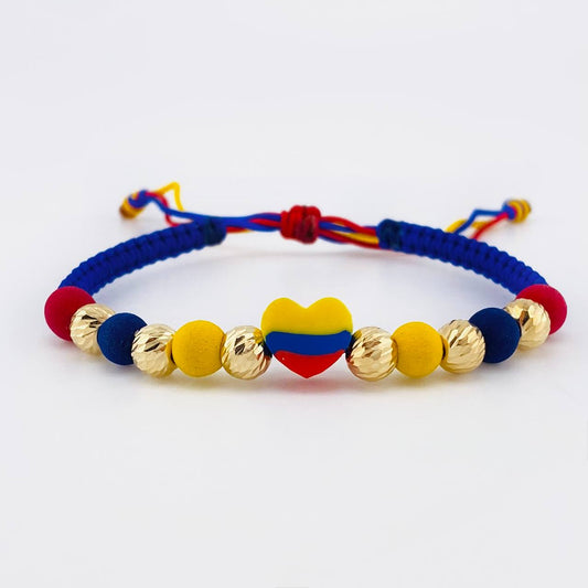 Pulsera Tejida Tricolor Corazón Bolas Diamantadas 6Mm / 6 Und Oro Amarillo 18K (A.C)