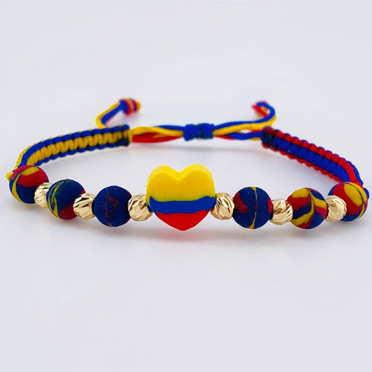 Pulsera Tejida Tricolor Corazón Bolas Diamantadas 4Mm / 6 Und Oro Amarillo 18K (A.C)