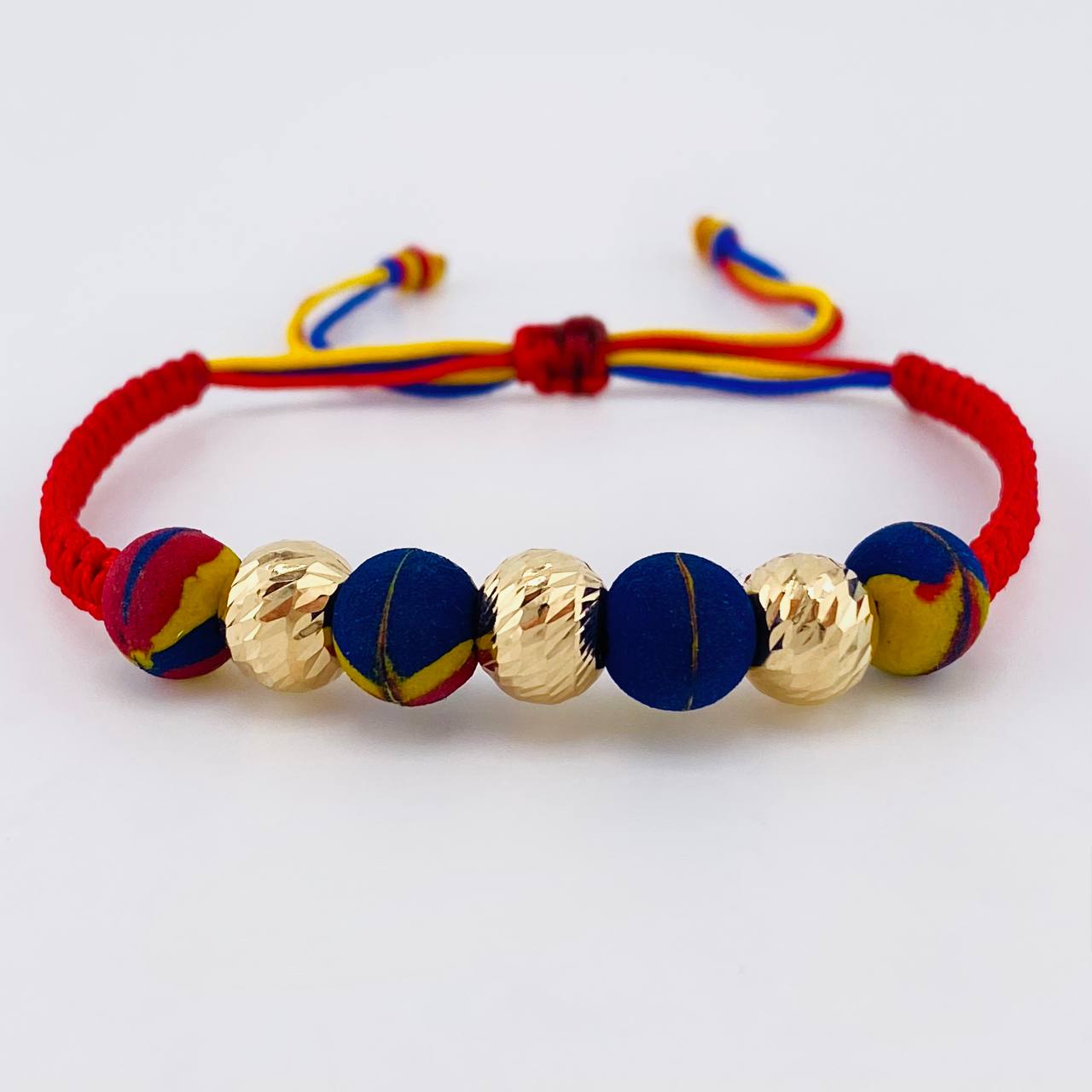 Tricolor Woven Neoprene Bracelet Diamond Cut Beads 8Mm / 3 Pcs 18K Yellow Gold (A.C)