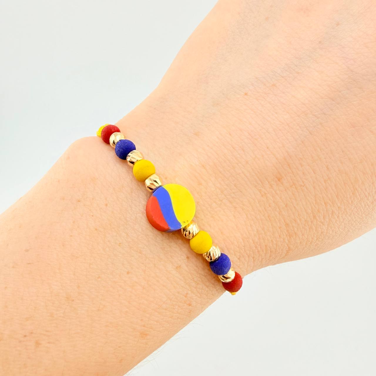 Tricolor Woven Bracelet Circle Diamond Cut Beads 4Mm / 6 Pcs Yellow Gold 18K (A.C)