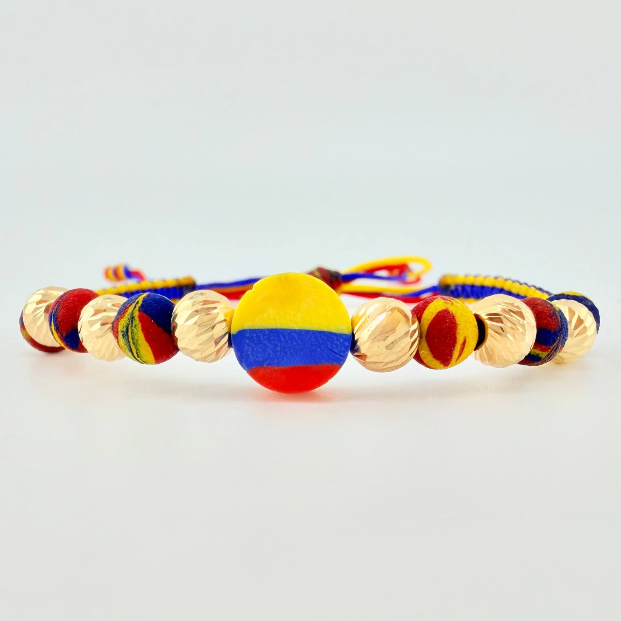 Pulsera Tejida Tricolor Circulo Bolas Diamantadas 6Mm / 6 Und Oro Amarillo 18K