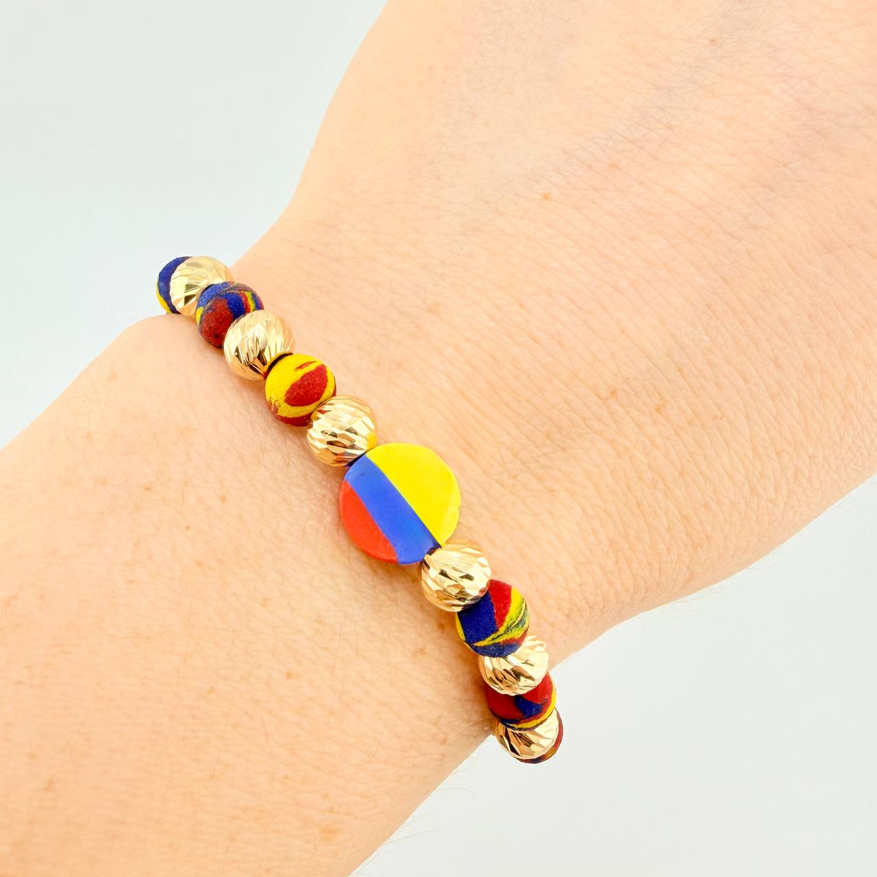Pulsera Tejida Tricolor Circulo Bolas Diamantadas 6Mm / 6 Und Oro Amarillo 18K