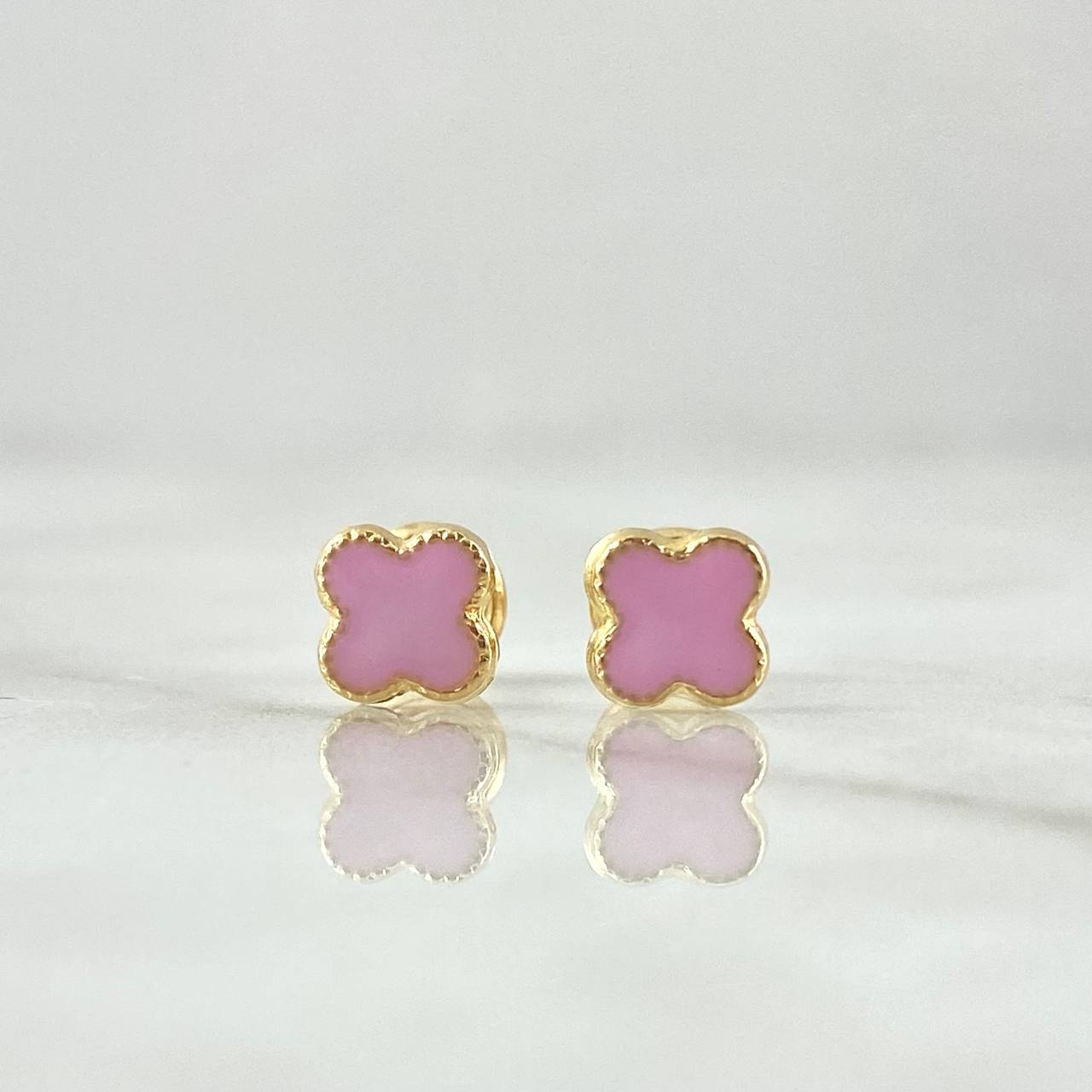 Stud Earrings Clover 0.8gr / 6mm Dotted Edge Pink Resin 18K Yellow Gold
