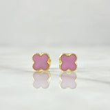 Stud Earrings Clover 0.8gr / 6mm Dotted Edge Pink Resin 18K Yellow Gold