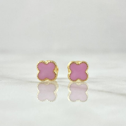 Stud Earrings Clover 0.8gr / 6mm Dotted Edge Pink Resin 18K Yellow Gold ©