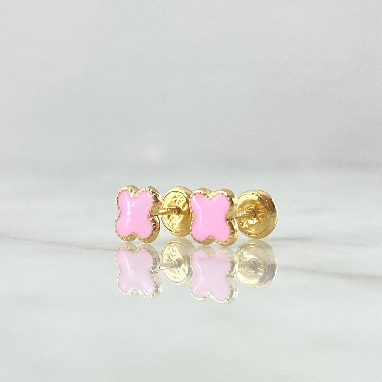 Stud Earrings Clover 0.8gr / 6mm Dotted Edge Pink Resin 18K Yellow Gold