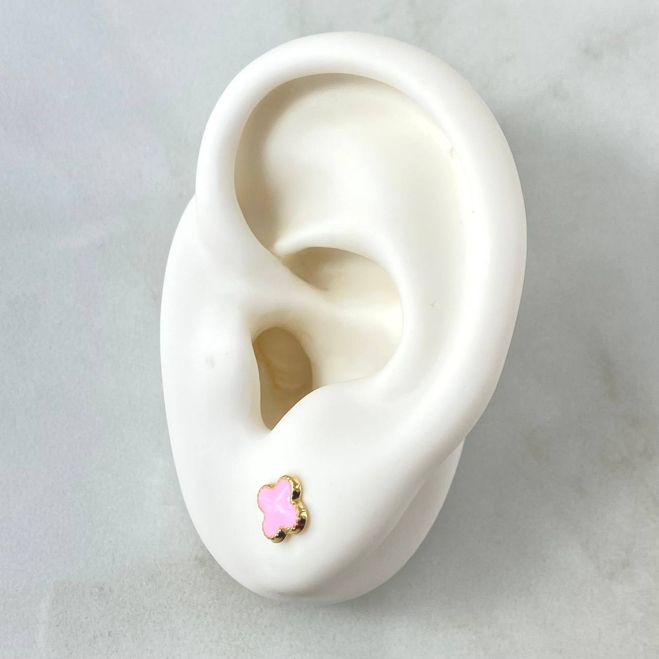 Stud Earrings Clover 0.8gr / 6mm Dotted Edge Pink Resin 18K Yellow Gold