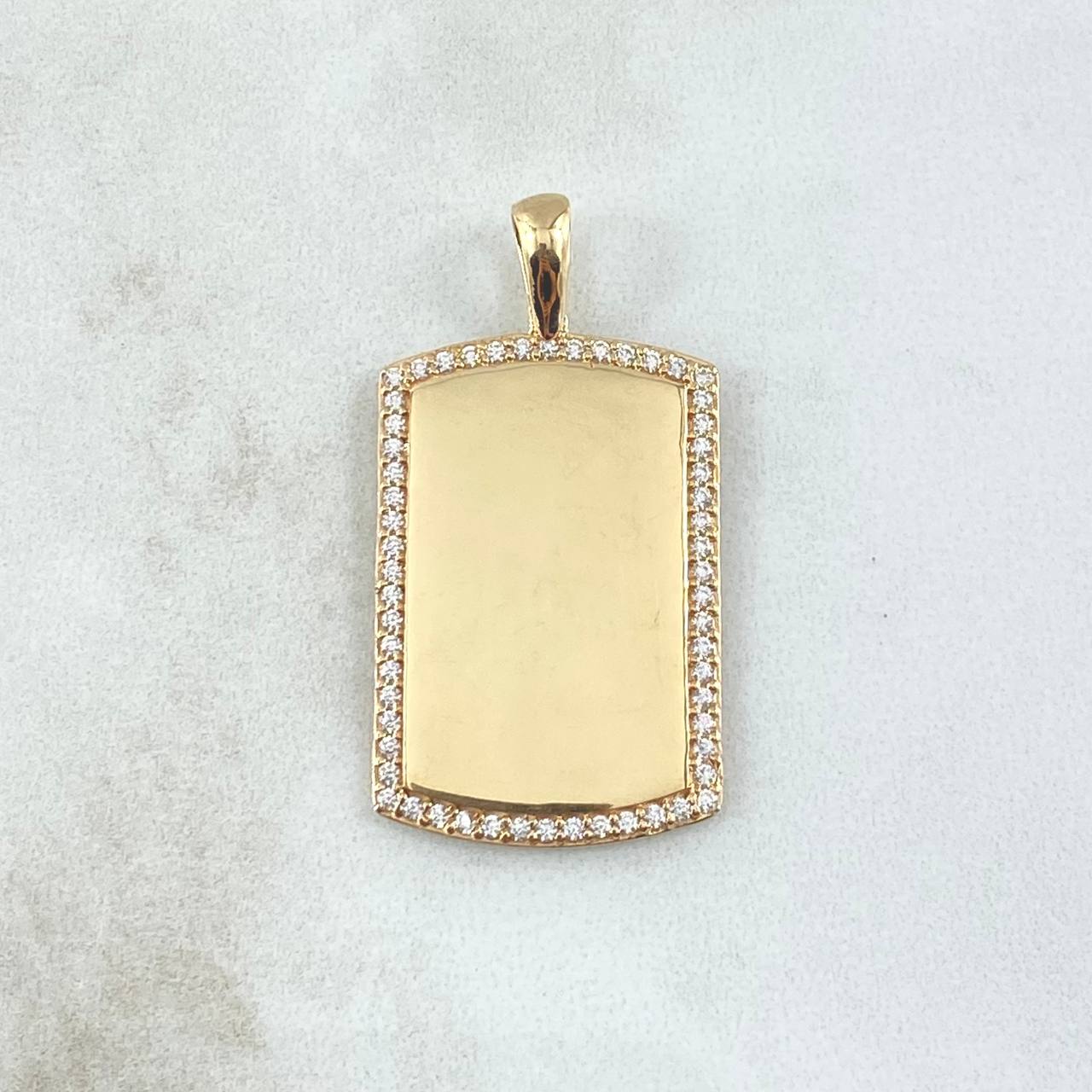 Dije Placa Rectangular Espejo 5.55gr / 3.7cm / Cargador Liso Circones Blancos Oro Amarillo 18K