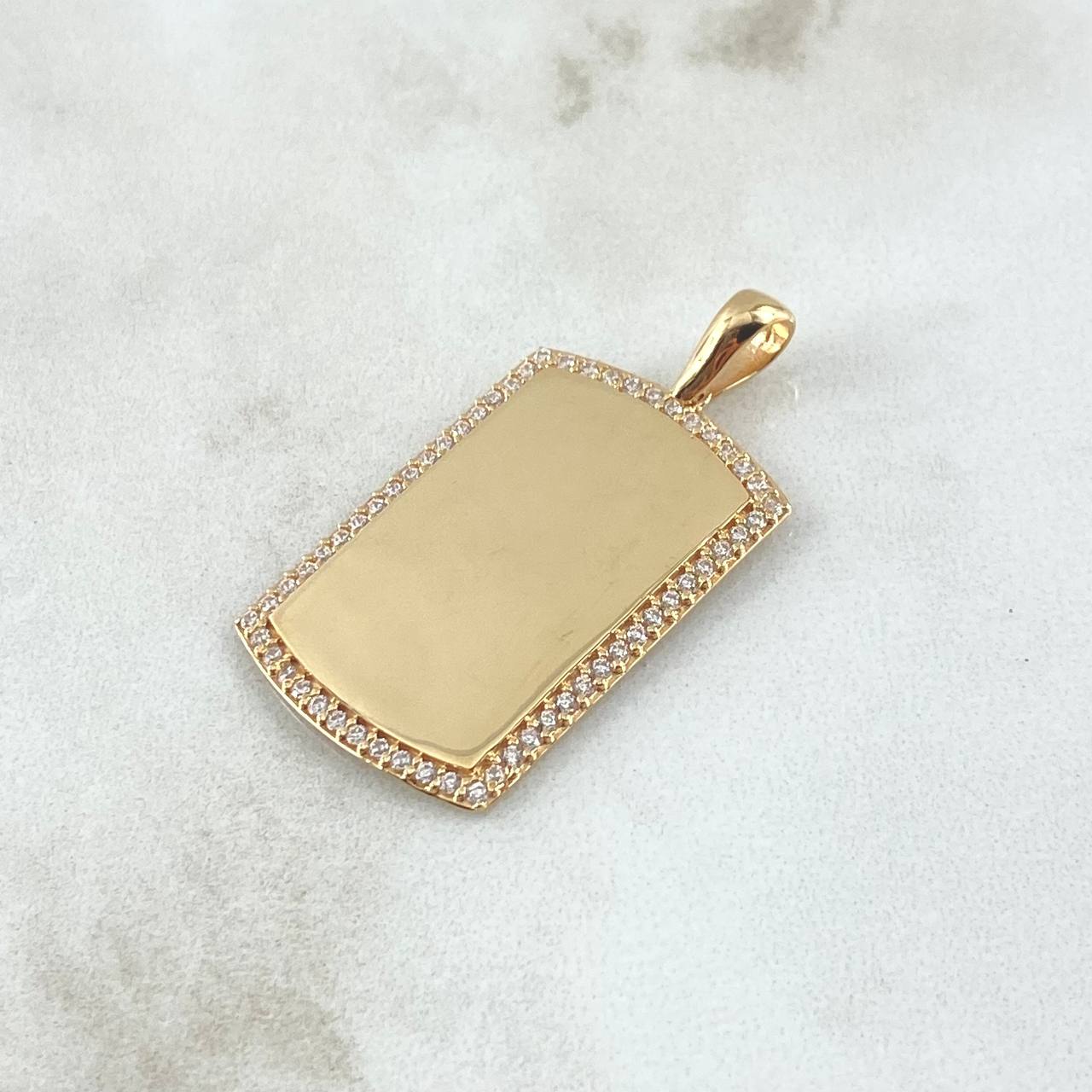 Dije Placa Rectangular Espejo 5.75gr / 3.7cm / Cargador Liso Circones Blancos Oro Amarillo 18K
