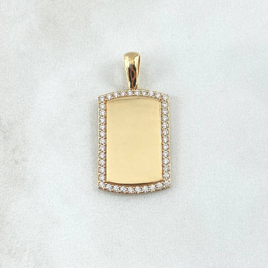 Dije Placa Rectangular Espejo 4.9gr / 3.2cm / Cargador Liso Circones Blancos Oro Amarillo 18K