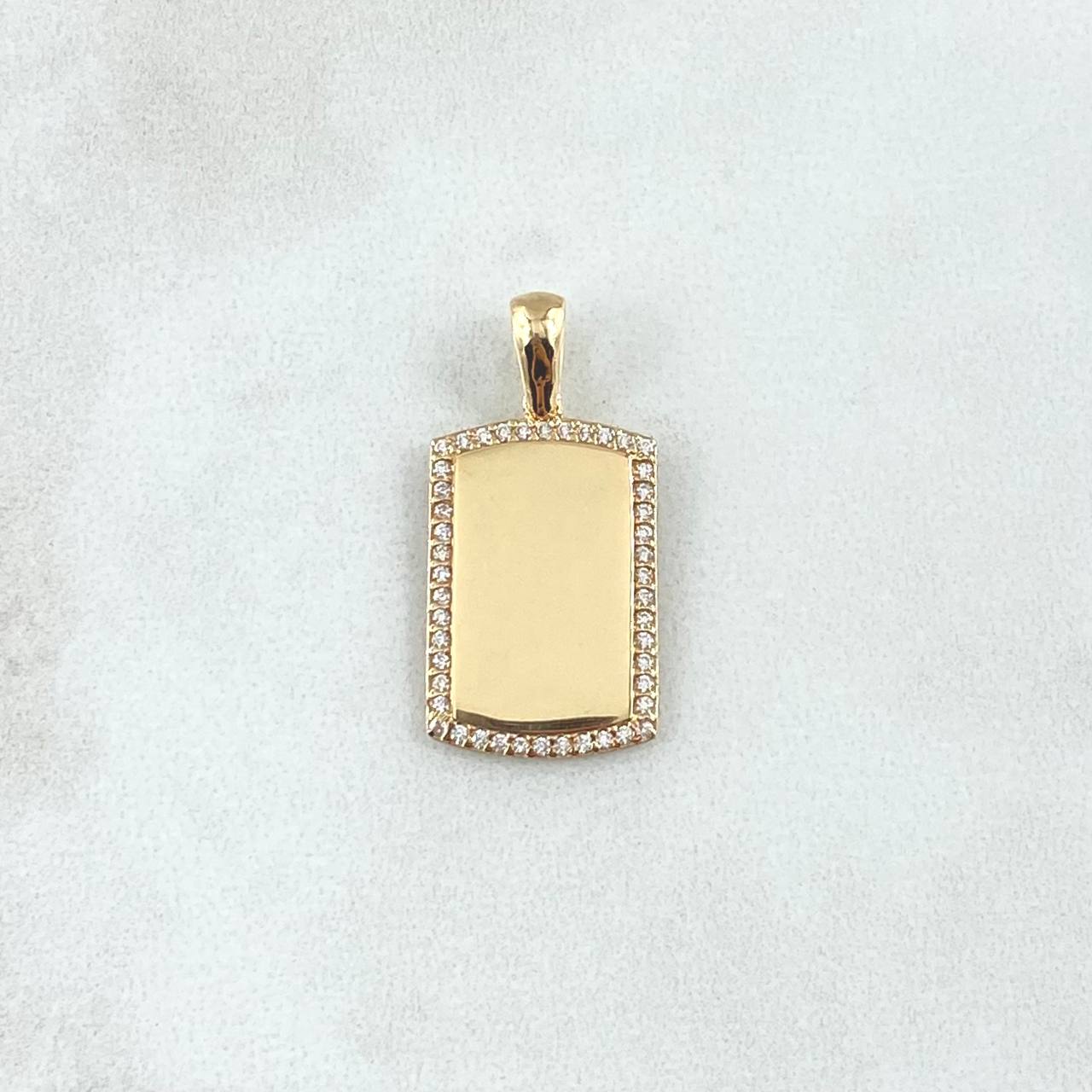 Dije Placa Rectangular Espejo 2.15gr / 2.6cm / Cargador Liso Circones Blancos Oro Amarillo 18K