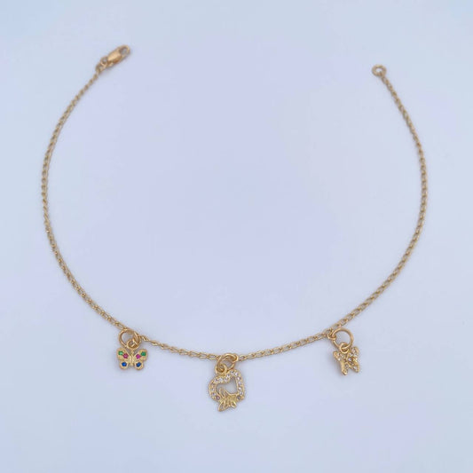 Tobillera Espiga 3.45gr / 25.5cm / 1.4mm Dijes Mariposas Corazon Circones De Colores Oro Amarillo 18K &