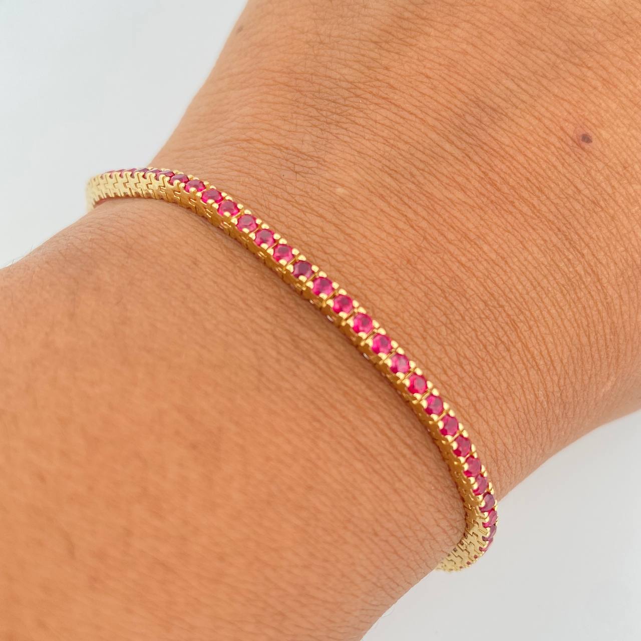 Bracelet Tennis 3.3gr / 16.9cm / 1.4mm Fuchsia Zircons Yellow Gold 18K &