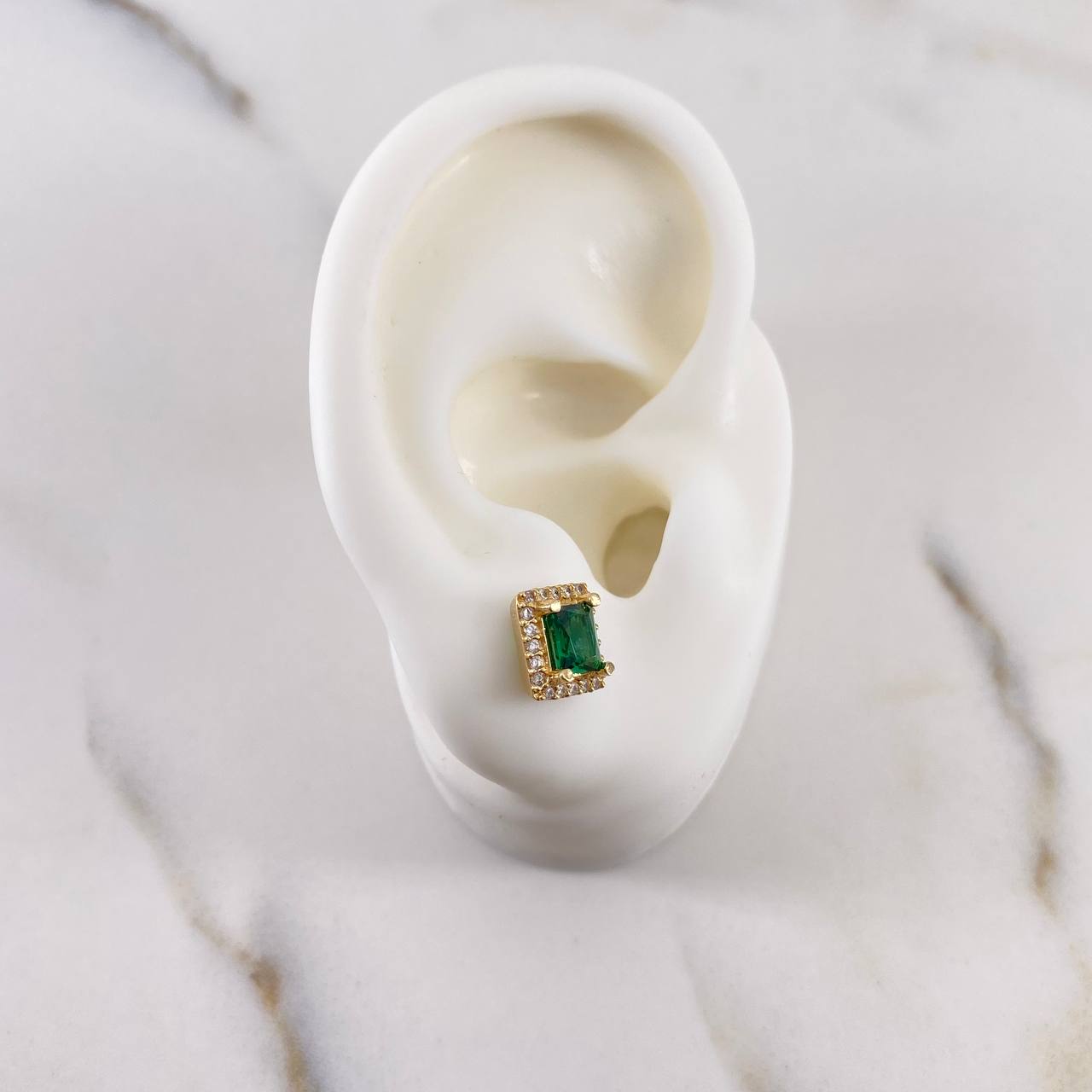 Stud Earrings Square Halo 2.55gr / 7mm White Zircons Green Yellow Gold 18K $
