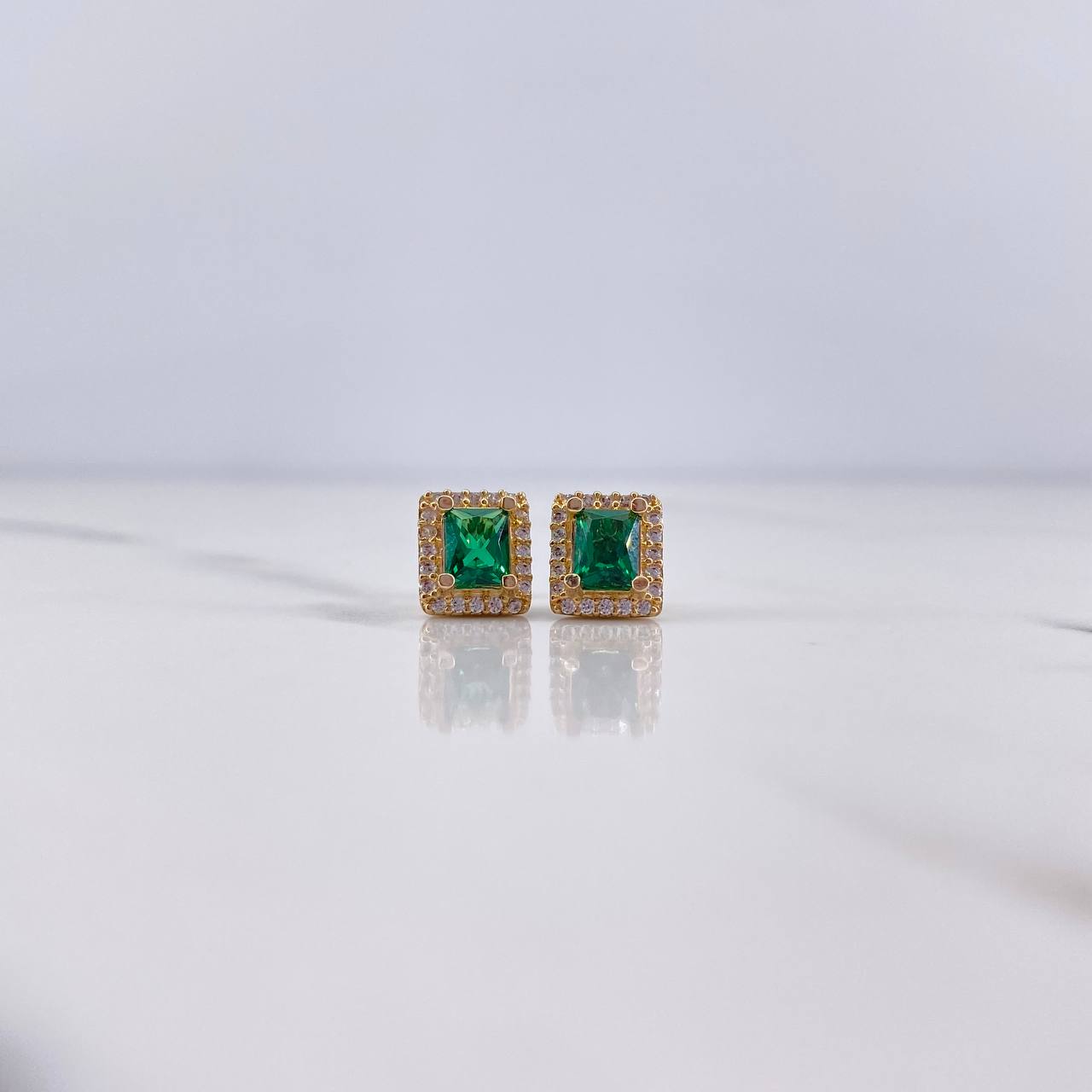 Stud Earrings Square Halo 2.55gr / 7mm White Zircons Green Yellow Gold 18K $