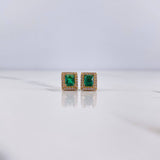 Stud Earrings Square Halo 2.55gr / 7mm White Zircons Green Yellow Gold 18K $