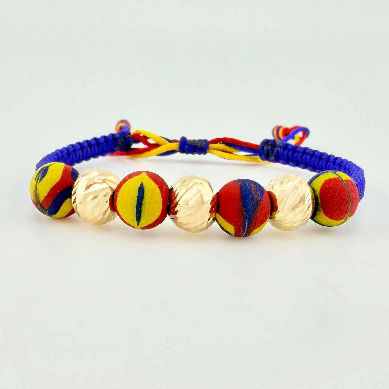 Pulsera Tejida Tricolor Neopreno Bolas Diamantadas 8Mm / 3 Und Oro Amarillo 18K