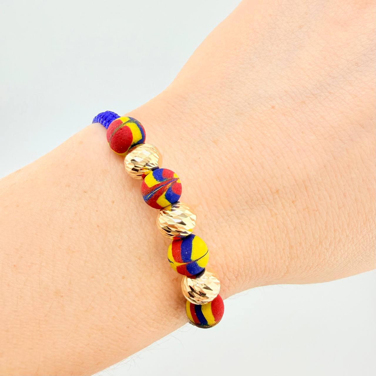 Pulsera Tejida Tricolor Neopreno Bolas Diamantadas 8Mm / 3 Und Oro Amarillo 18K