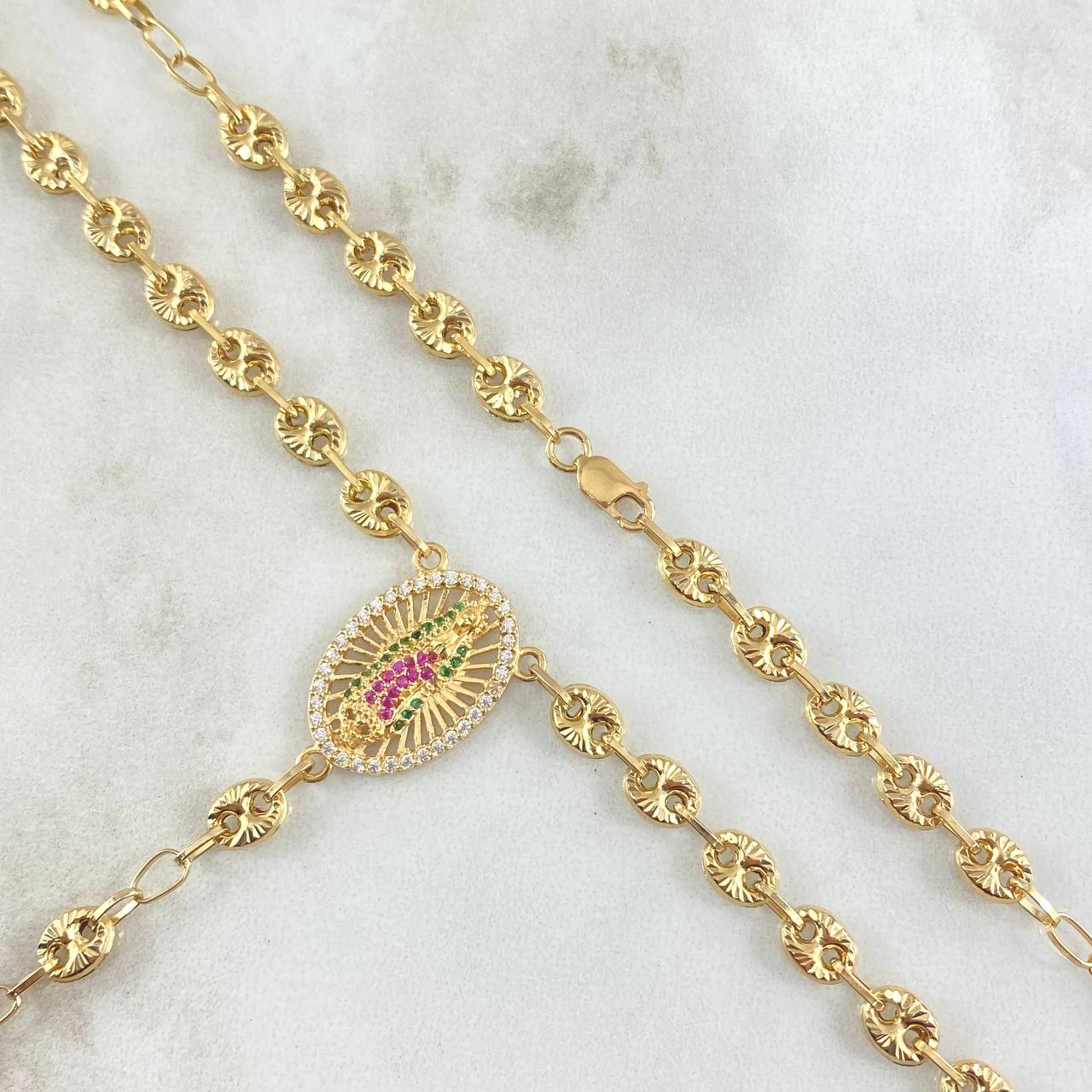 Rosario GC Virgen De Guadalupe 16.35gr / 55cm / 5mm Cruz Cristo Madera Bolas Diamantadas Oro Amarillo 18K ©