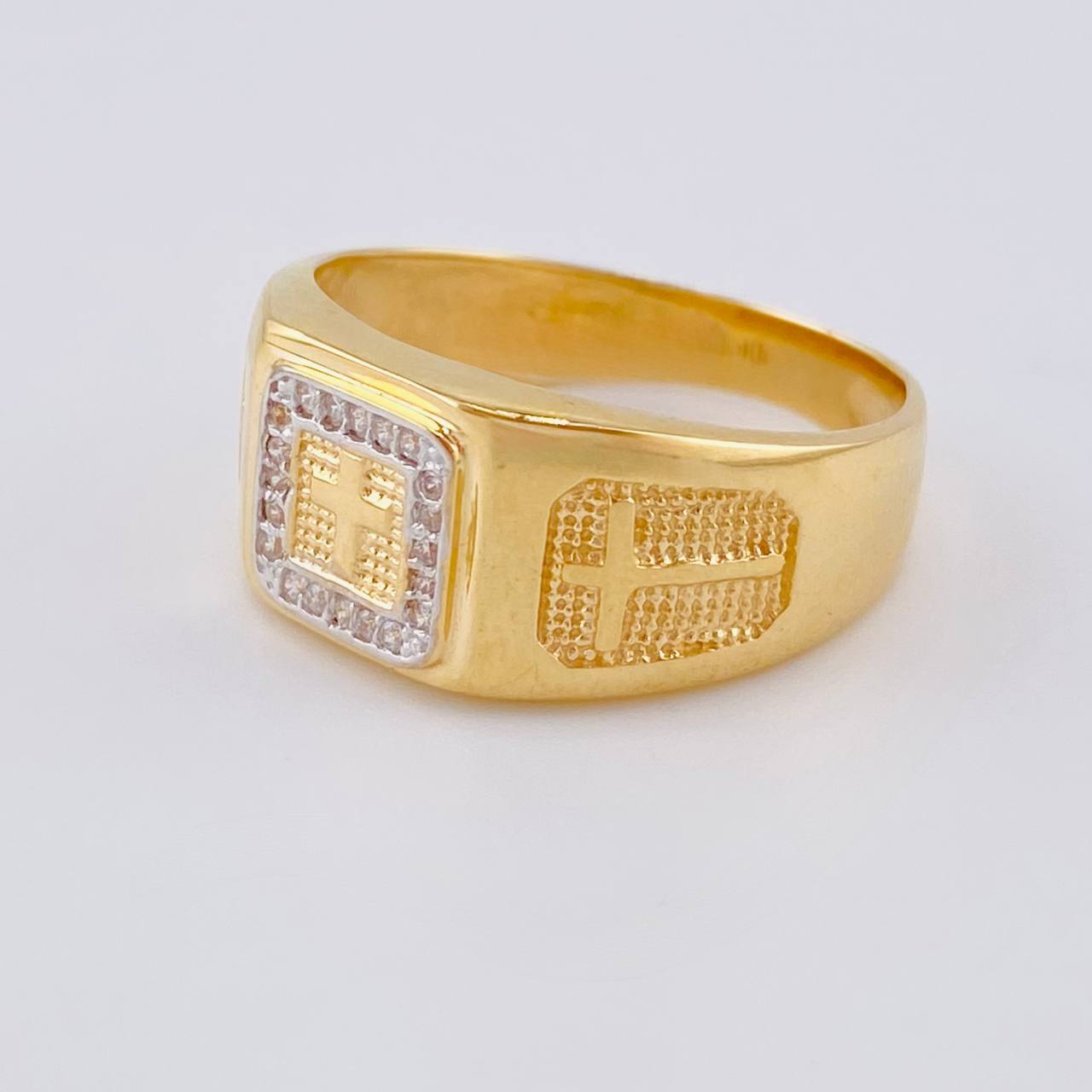 Ring Cross Dotted Signet 6.55 g / T10 1/2 Two Yellow White Gold 18K