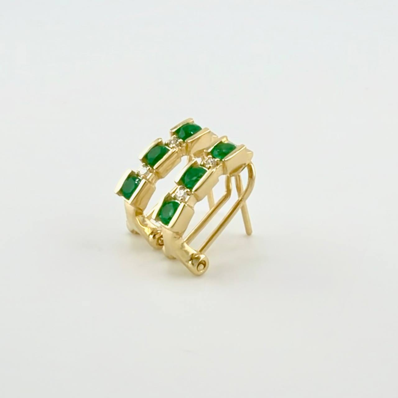 Hoop Earrings Omega Trio Diamonds 6pts Emeralds 55pts 3.85g / 1/2 in 18K Yellow Gold